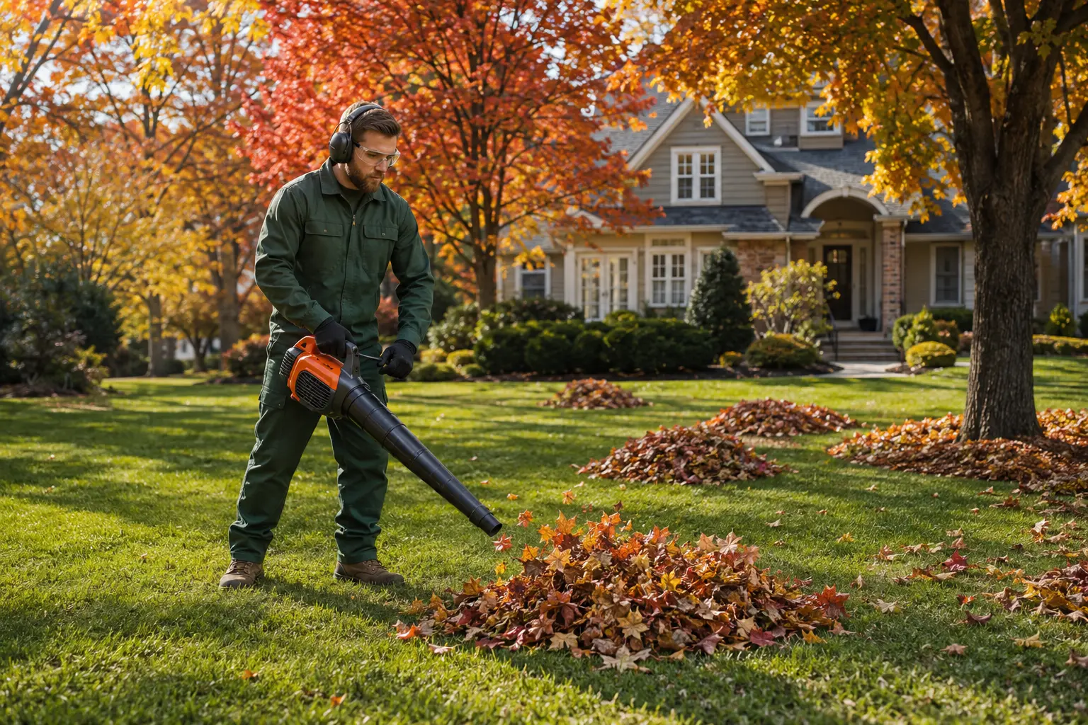 Leaf cleanup service on a Buffalo-area lawn