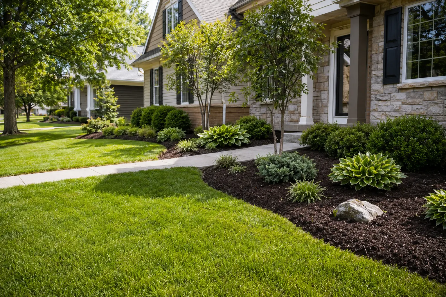 Freshly mulched garden beds and a maintained green lawn